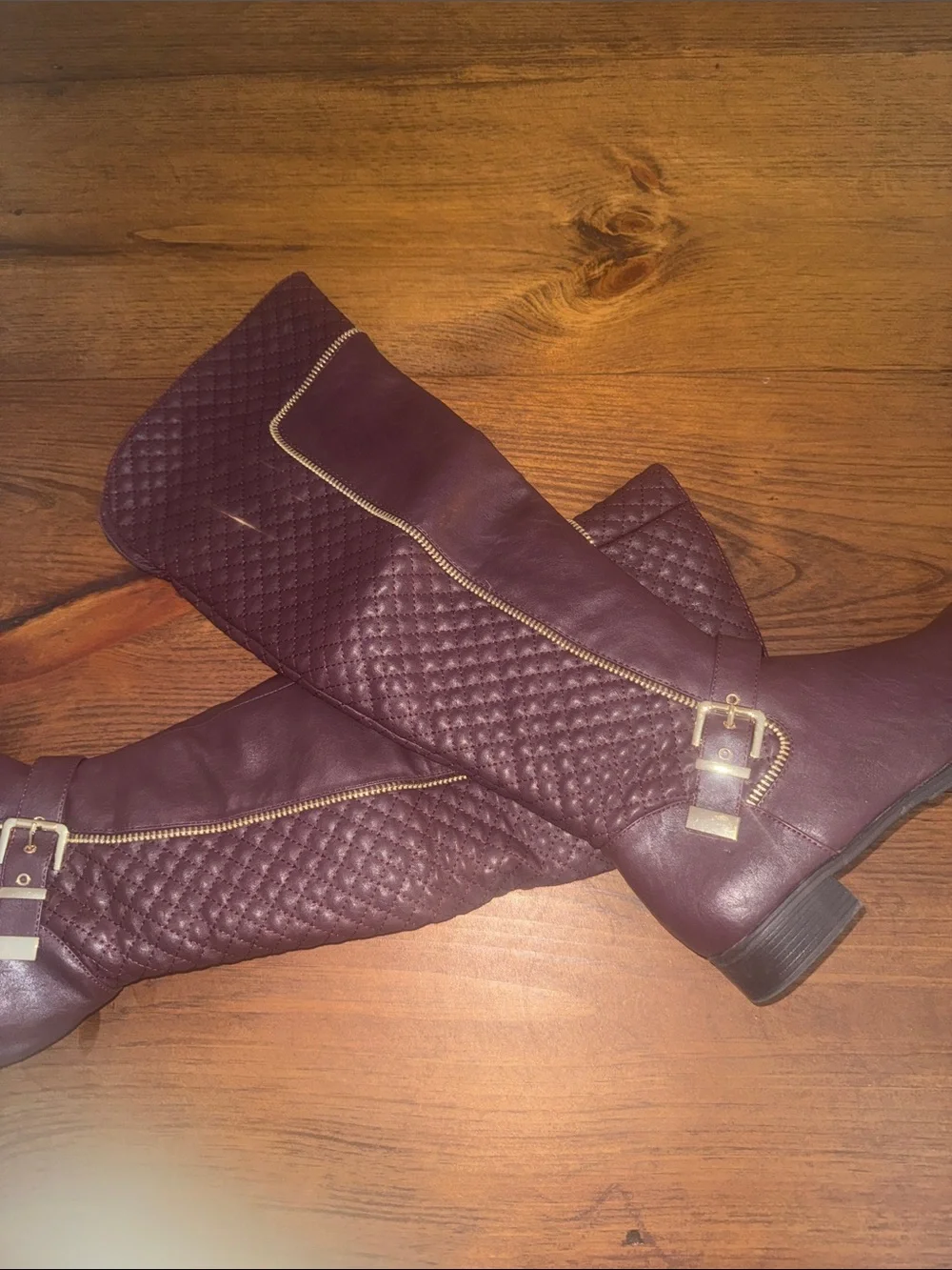 Quilted Over-the-Knee Riding Boots in Burgundy with Gold Accents